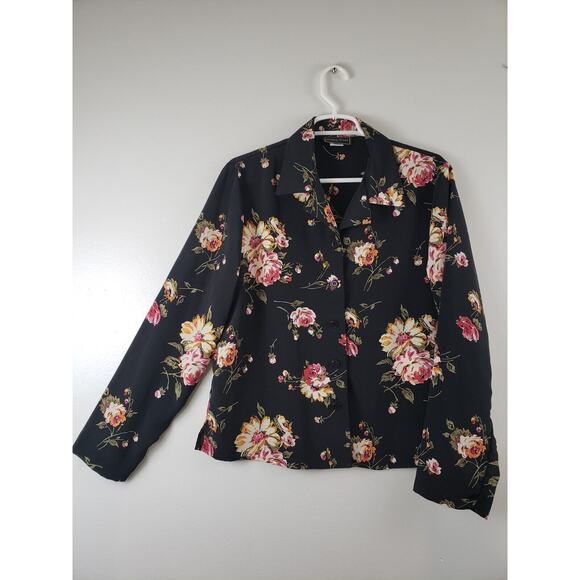 (F5) Vintage INTRIGUING THREADS Womens Blouse Size 12 Floral Long Sleeve Black - Picture 1 of 7